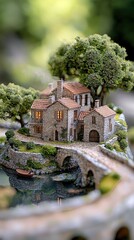 A detailed miniature stone house with a bridge, a small boat, and lush green trees, creating a serene and idyllic landscape.