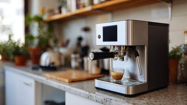 A sleek, modern espresso machine sits on a kitchen countertop, showcasing a freshly brewed shot of coffee.