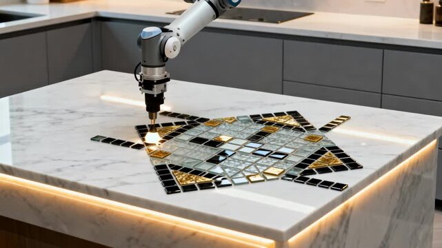 Advanced automation system aligning mosaic tiles on a residential kitchen island emphasizing intricate patterns and seamless integration.