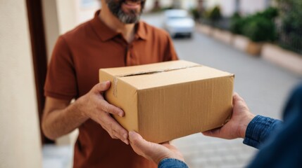 A smiling man receives a package from a delivery person in a residential setting.