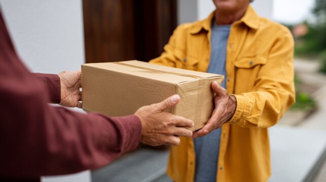 An elderly man receives a package at his doorstep from a delivery person, creating a moment of joy and connection. - Powered by Adobe