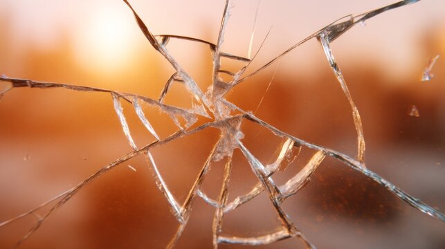 A close-up view of shattered glass with soft golden bokeh in the background, capturing the essence of fragility and resilience.