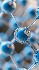 Close-up of a molecular structure with blue spheres connected by metal rods, creating a network pattern.