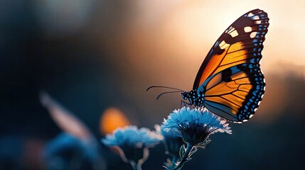 A vibrant monarch butterfly rests on a delicate blue flower, bathed in warm, soft sunlight, creating a serene and natural scene.
