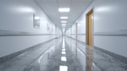 A clean, modern corridor with glossy floors and well-lit ceilings, evoking a sense of calm and order.
