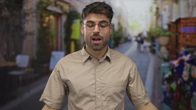 Smiling bearded man wearing glasses clenches fists on a sunny city street with shops and passerby blur; joy triumph.