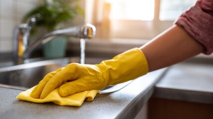 A woman in yellow gloves cleans the kitchen counter with a yellow cloth, showcasing a bright and tidy atmosphere.