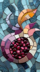 Close-up of a mosaic artwork depicting a pomegranate fruit with vibrant colors and textures. The design is artistic and detailed.