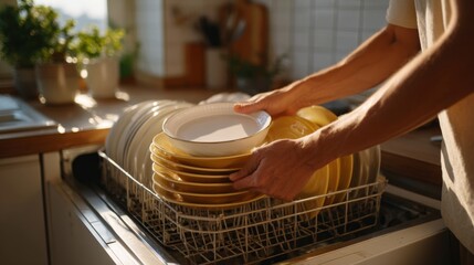 A man places clean dishes in a kitchen dishwasher, showcasing a cozy and sunlit kitchen atmosphere.