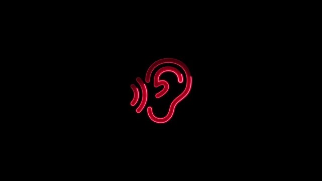 Neon red ear and sound wave icon on black background symbol