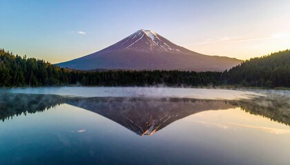 A stunning landscape of Mount Fuji reflected in a calm lake with surrounding forest at sunrise in Japan.