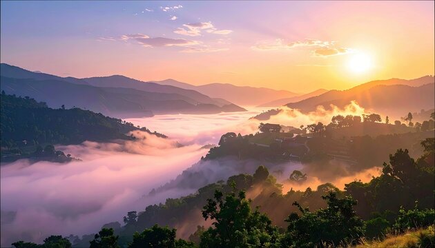 A scenic landscape of mountains with fog in the valley, illuminated by the golden light of the rising sun. - Powered by Adobe