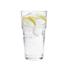 Tall glass of refreshing lemonade with ice and lemon slices isolated on transparent background