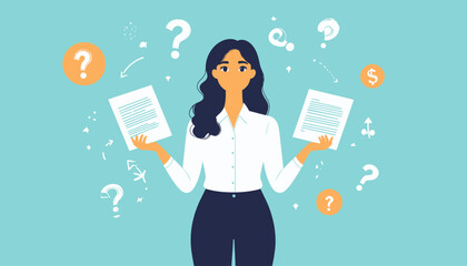 Young professional woman holding two documents, facing a difficult choice and weighing her options with surrounding question marks and symbols