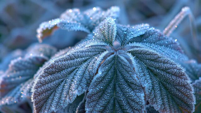 Close-up of frost-covered leaves outdoors, showcasing winter nature with potential use for print