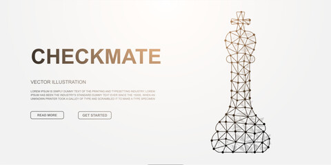 Polygonal wireframe chess king illustration with Checkmate text, modern abstract vector art symbolizing strategy, logic, and ultimate victory