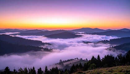 A scenic mountain landscape at sunrise, with layers of mountains, clouds, and a colorful sky. The scene evokes a sense of peace and natural beauty.