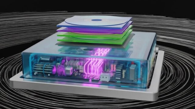 Retro Futuristic Media Player Console with Transparent Blue Case Neon Lights and Stack of Optical Discs High Tech 3D Illustration