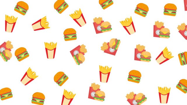 A seamless fast food pattern featuring burgers and fries on a transparent background. Perfect for packaging, social media design, wallpaper, wrapping paper, and playful food-themed projects.