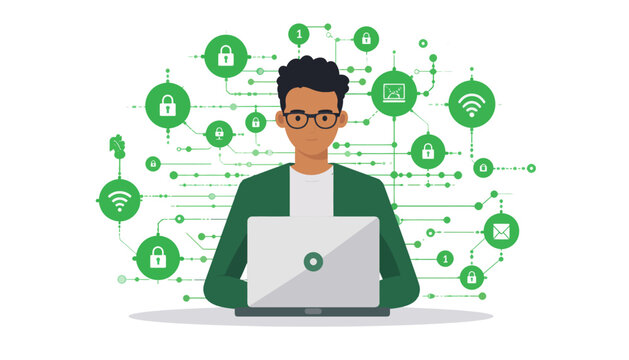 Cybersecurity concept of a man working on a laptop surrounded by security icons and network connections