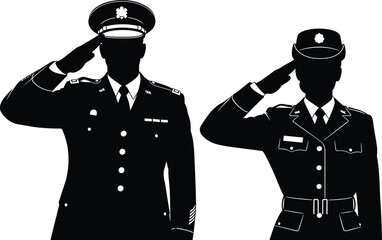 Black Silhouette Vector Illustration Set of Male and Female Military Officers in Uniform Giving a Respectful Hand Salute, Ideal for Veteran, Honor, and Service Graphics