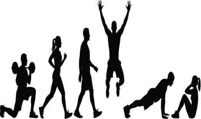 Black Silhouette Vector Set Illustrating People Performing Various Exercises, Including Running, Jumping, Weight Lifting, and Floor Workouts, Ideal for Fitness and Health Graphics