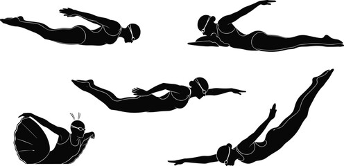 Black Silhouette Vector Set Illustrating Female Swimmers Performing Various Strokes and Synchronized Swimming Poses, Ideal for Water Sport G