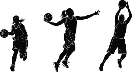 Black Silhouette Vector Set of Female Basketball Players Dribbling, Jumping, and Shooting the Ball, Ideal for Sport Promotions, Fitness Graphics, and Athletic Competition Design