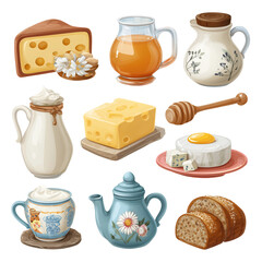Dairy products and baked goods assortment with cheese and honey still life isolated on transprint background