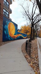 A vibrant mural of abstract art is painted on a brick building wall, alongside a sidewalk with fall foliage and trees.