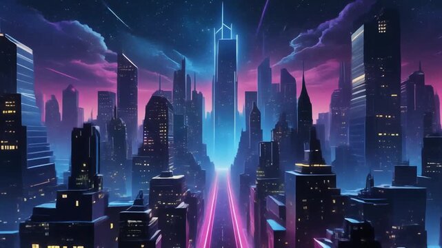 Vector illustration urban architecture, cityscape with space and neon light effect. Modern