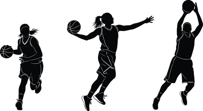 Black Silhouette Vector Set of Female Basketball Players Dribbling, Jumping, and Shooting the Ball, Ideal for Sport Promotions, Fitness Graphics, and Athletic Competition Design - Powered by Adobe