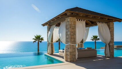 Fototapeta premium Luxury Seaside Retreat - Infinity Pool and Cabana with Ocean View.