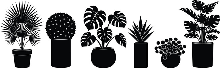 Black Silhouette Vector Set of Potted Indoor Houseplants, Including Monstera, Palm, and Succulents, Ideal for Home Decor, Interior Design Graphics, and Greenery Themes