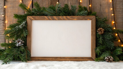 Christmas wood sign board with pine branches, snow, and warm lights creates festive and cozy holiday atmosphere for seasonal decoration