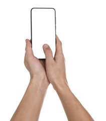 Man holding smartphone with blank screen on white background, closeup. Mockup for design