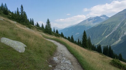 Obraz premium Hike scenic mountain trails with breathtaking views of the alpine landscape and clear blue summer sky