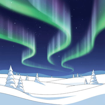 A vibrant illustration of the aurora borealis illuminating a snowy landscape with evergreen trees under a starry night sky.