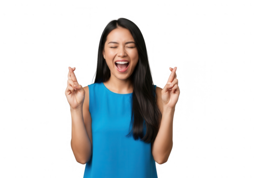 Young Asian Woman Crossing Fingers for Good Luck and Happiness.