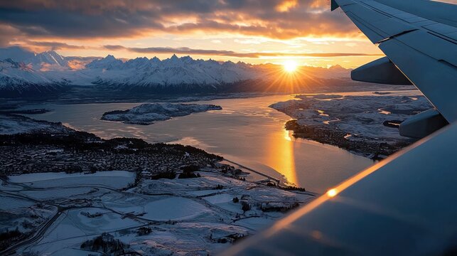 Aerial view from an airplane window of a stunning sunrise over snow-covered mountains, a lake, and a town.