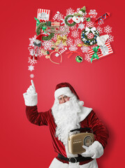 Santa Claus levitating Christmas decor and snowflakes on red background. Festive magic