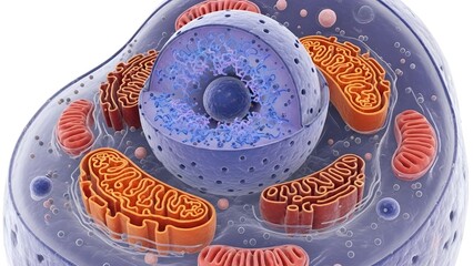 A diagram of a eukaryotic cell showing its main components: the Nucleus (containing DNA) and several Mitochondria (the powerhouses).