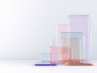A collection of colorful, transparent glass phone displays arranged in a studio setting, showcasing modern design and technology.