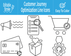 Customer Journey Flow Line Icons featuring promotion, task review, secure cart, payment process, product delight, and service improvement for marketing and experience optimization