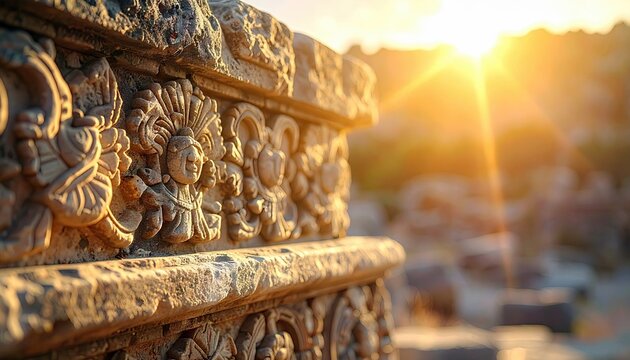Close-up of weathered stone carvings on an ancient structure, bathed in the warm glow of a setting sun, evoking a sense of history and serenity. - Powered by Adobe