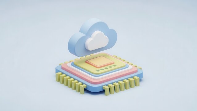 Cloud computing chip illustration representing technology and data processing infrastructure system