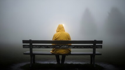 A person wearing a bright yellow raincoat is sitting alone on a dark wooden bench in a very foggy or misty outdoor setting.