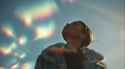 Young fashion model in metallic jacket looking up with artistic colorful prism light leaks and rainbow lens flares against blue sky - Powered by Adobe