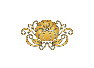 Golden floral ornament with swirling leaves and a central circular pattern on a black background a decorative emblem for luxury and elegance