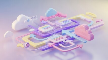 Stylized cloud computing network visualization with pastel colored arrows and elements